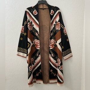 Max Sport Floral Black Brown Multicolor Long Open Cardigan Sweater Large